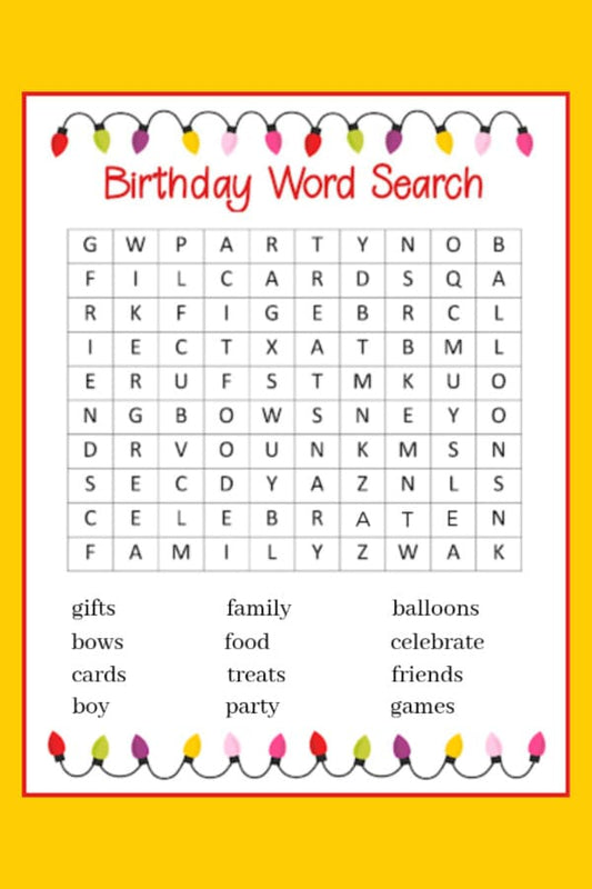 The VIP Vault's Birthday Word Search is a delightful children's party activity, featuring words like "gifts," "family," and "balloons" in a grid. With a colorful light-adorned border, this digital product adds fun to any celebration.