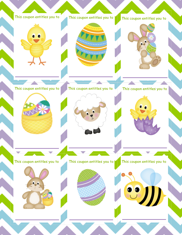 The "Easter Coupons for Kids (Blank)" by VIP Vault is a cheerful digital product featuring a 3x3 grid of printable coupons with designs like a chick, eggs, bunny, sheep, mermaid chick, and bee on purple, green, and white chevron backgrounds—perfect for adding festive fun to any Easter celebration.