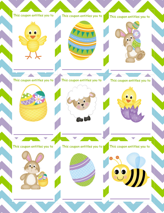 The "Easter Coupons for Kids (Blank)" by VIP Vault is a cheerful digital product featuring a 3x3 grid of printable coupons with designs like a chick, eggs, bunny, sheep, mermaid chick, and bee on purple, green, and white chevron backgrounds—perfect for adding festive fun to any Easter celebration.