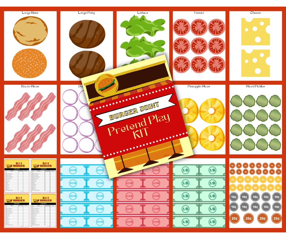 Aspiring chefs will love the Wondermom Shop's Burger Joint Pretend Play Kit, featuring illustrated food items like buns, patties, crispy bacon, and all the toppings. Complete with play money and order forms, it's the ideal digital product to spark culinary creativity.