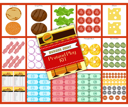 Aspiring chefs will love the Wondermom Shop's Burger Joint Pretend Play Kit, featuring illustrated food items like buns, patties, crispy bacon, and all the toppings. Complete with play money and order forms, it's the ideal digital product to spark culinary creativity.