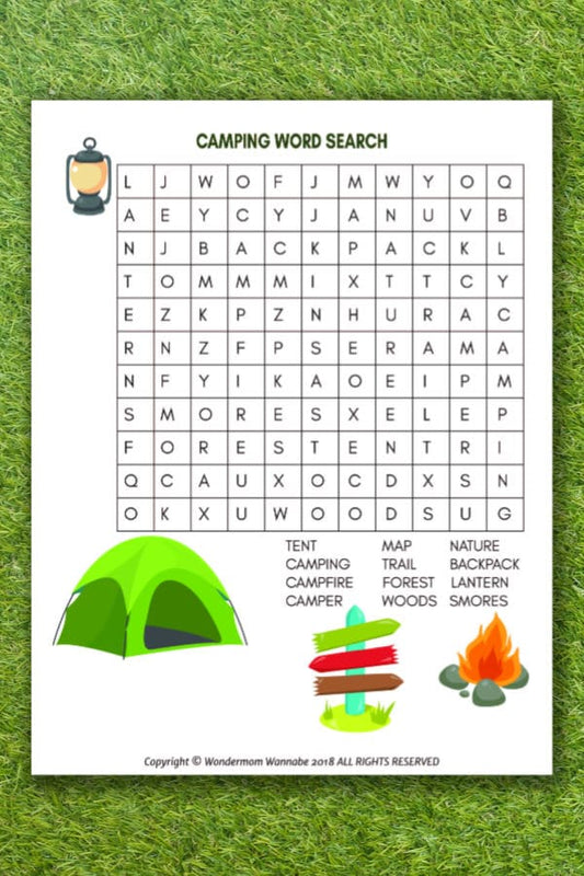 The VIP Vault's Camping Word Search for Kids is a digital puzzle set on a grassy background, showcasing a grid of letters and a list of camping-themed words to find, such as "campfire" and "forest." The printable activities also include charming illustrations of a tent, campfire, and lantern.