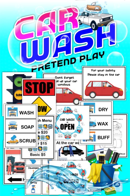 The Car Wash Pretend Play Kit by Wondermom Shop includes a vibrant poster with signs, a menu, and toy cleaning tools. This digital product showcases bright graphics and playful design elements, making it ideal for fun printables.
