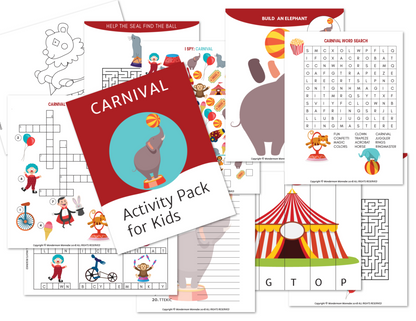 The "Printable Kids Activity Books Bundle" by Wondermom Shop is a vibrant carnival-themed digital product designed for kids, featuring an array of printable puzzles, coloring pages, mazes, and word searches. It includes delightful illustrations of animals, performers, and a circus tent to provide endless themed fun.