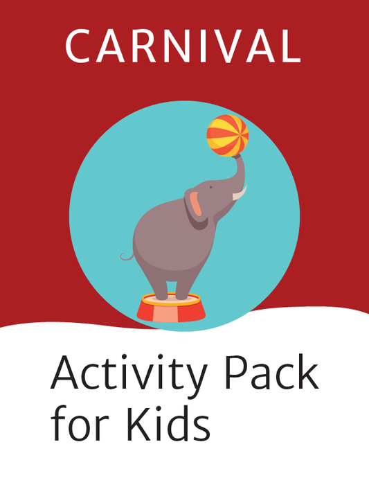 An illustration of an elephant balancing a ball features the text "Carnival Activity Kit for Kids." This delightful digital kit by Wondermom Shop is perfect for captivating young minds and adding endless fun to any kids' carnival.