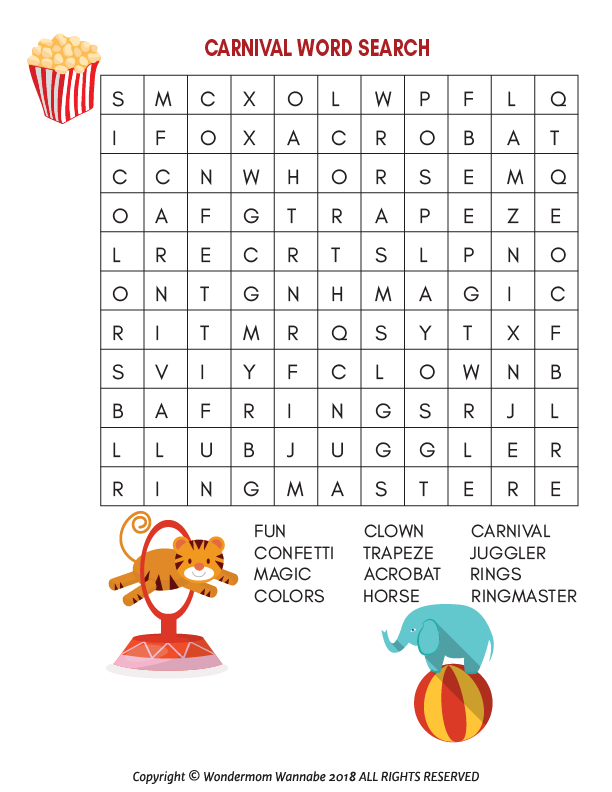 Discover the vibrant Carnival-themed word search puzzle in Wondermom Shop's Carnival Activity Kit for Kids, featuring fun words like confetti and magic. Spot the tiger and elephant illustrations for extra delight!.
