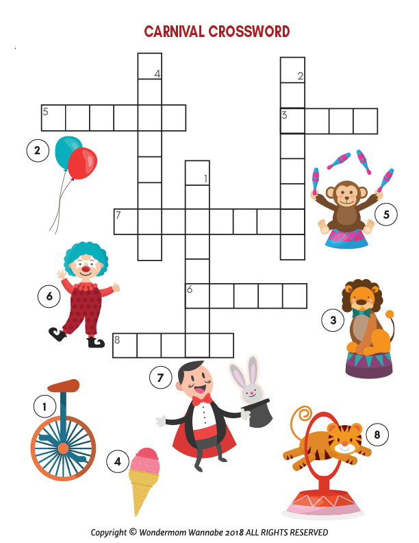 Explore the Carnival Activity Kit for Kids by Wondermom Shop, a printable set with a carnival crossword puzzle and charming illustrations of a clown, balloons, performer, lion, unicycle, ice cream cone, magician, and tiger on a stand—ideal for children's carnival games.