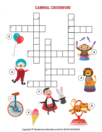 Explore the Carnival Activity Kit for Kids by Wondermom Shop, a printable set with a carnival crossword puzzle and charming illustrations of a clown, balloons, performer, lion, unicycle, ice cream cone, magician, and tiger on a stand—ideal for children's carnival games.