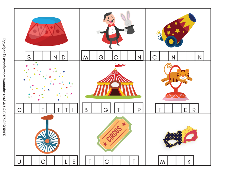 Experience Wondermom Shop's Carnival Activity Kit for Kids, a circus-themed word puzzle perfect for carnival games. Featuring images like a hat, magician, and unicycle with partially filled letters beneath each image, this printable promises endless fun and learning.