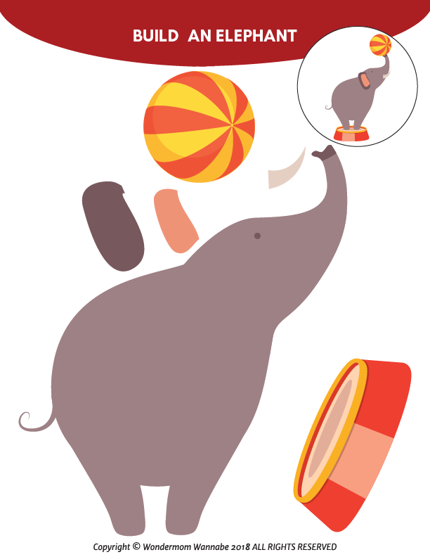 An elephant graphic with parts and a ball, labeled "BUILD AN ELEPHANT," tops this printable Carnival Activity Kit for Kids by Wondermom Shop. This digital product is ideal for engaging kids in creative carnival games.