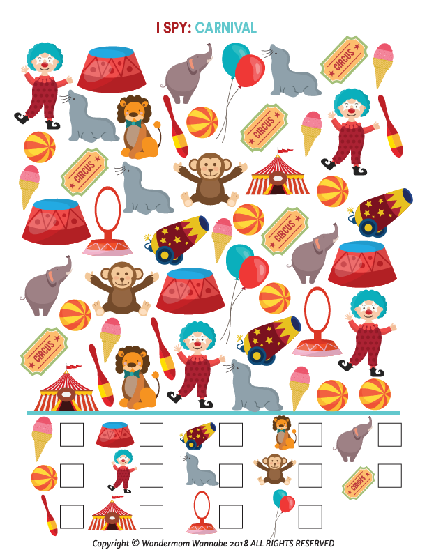 The Wondermom Shop's Carnival Activity Kit for Kids offers a carnival-themed I Spy game with clowns, animals, tickets, and more. Available as a digital or printable kit, it includes a checklist for endless fun!.