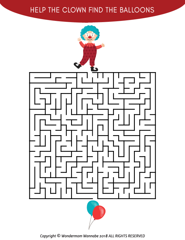 Experience the thrill with Wondermom Shop's Carnival Activity Kit for Kids—a digital maze illustration featuring a cartoon clown at the start and three balloons at the finish. The text says, "Help the clown find the balloons," making it a perfect printable addition for endless fun with carnival games.