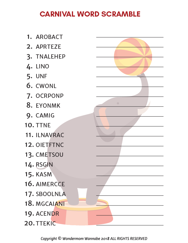 The Carnival Activity Kit for Kids by Wondermom Shop includes a 20-word scramble with answer lines, featuring an elephant balancing a ball. Available as a digital product, it's perfect for kids' carnival games!.
