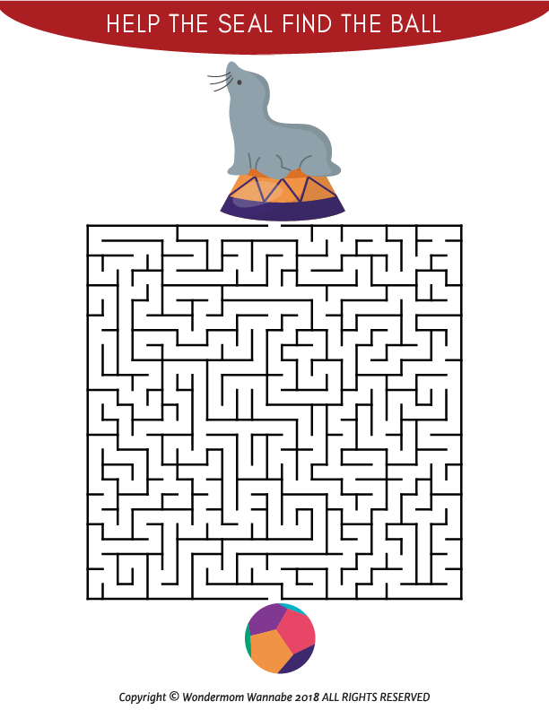 The Carnival Activity Kit for Kids from Wondermom Shop features a maze with a seal on a pedestal, aiming to reach a ball at the bottom. With the "Help the Seal Find the Ball" header, this engaging puzzle is part of our Kids Carnival Games collection. Explore more fun activities in our Printable Kit!.