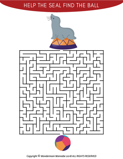 The Carnival Activity Kit for Kids from Wondermom Shop features a maze with a seal on a pedestal, aiming to reach a ball at the bottom. With the "Help the Seal Find the Ball" header, this engaging puzzle is part of our Kids Carnival Games collection. Explore more fun activities in our Printable Kit!.