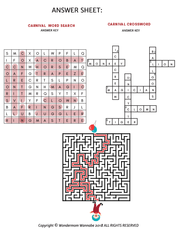 The Carnival Activity Kit for Kids by Wondermom Shop includes answer sheets with a completed carnival-themed word search, crossword, and maze featuring a highlighted path. This fun digital product is perfect for exploring carnival games!.