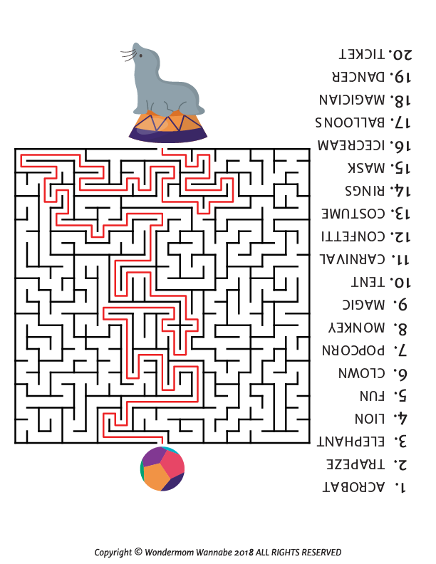 Explore the "Carnival Activity Kit for Kids" by Wondermom Shop, featuring a digital maze with a seal balancing on top, guided by a red path and a 20-1 countdown. Ideal for carnival games and printable activity kits!.