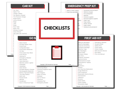 The In Case of Emergency Binder (Fillable PDF) by Wondermom Shop includes five detailed emergency preparedness checklists: Car Kit, Emergency Prep Kit, Go Bag, First Aid Kit, and Checklists. Each list outlines essential items for various emergency situations and features a section for Evacuation Plan Forms to help keep all critical information organized in your Emergency Binder.