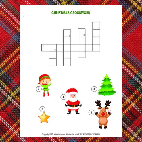 A printable VIP Vault Christmas Crossword Puzzle for kids, featuring pictures of Santa and reindeer. This fun children's activity is perfect for the holidays.