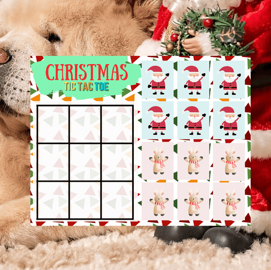 A Christmas Tic Tac Toe with Santa Claus printables on the floor. (Brand: VIP Vault)