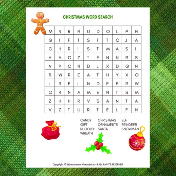 A VIP Vault Christmas Word Search for Kids on a green plaid.