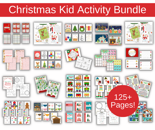 Assortment of Christmas Kids Activities Bundle children's printable activities and games, totaling over 125 pages from Wondermom Shop.