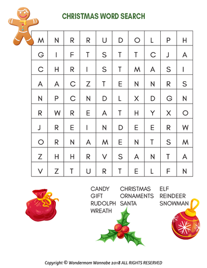 Wondermom Shop's Christmas Activity Kit for Kids is a word search designed specifically for Christmas.