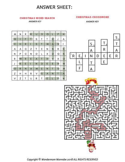 A festive Christmas Christmas Activity Kit for Kids by Wondermom Shop featuring a Santa Claus maze and answer sheet.