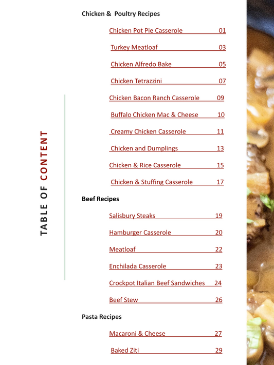 A comforting dinner menu featuring a variety of meat and vegetable dishes from the Wondermom Wannabe's Family's Favorite Comfort Food Recipes Digital Cookbook.