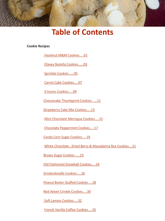 A delectable table of contents for the Family's Favorite Cookie Recipes Digital Cookbook by Wondermom Wannabe filled with mouthwatering baking ideas and delicious recipes.