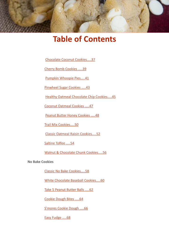 A table of contents for the Wondermom Wannabe's Family's Favorite Cookie Recipes Digital Cookbook.