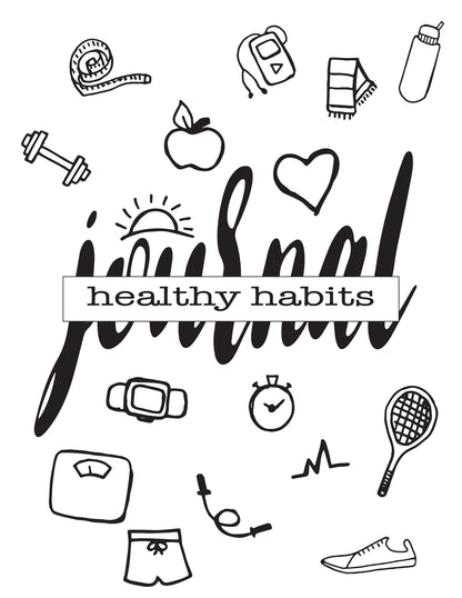 The Wondermom Shop Healthy Habits Journal features a black and white cover with fitness icons—weights, apple, scale, water bottle, stopwatch—making it perfect for tracking goals in your Food & Workout Tracker.