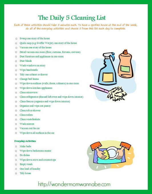 The Daily 5 Cleaning System printable by VIP Vault.