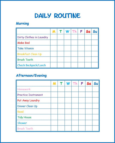 A Wondermom Wannabe Editable Daily Routine chart with a blue background.