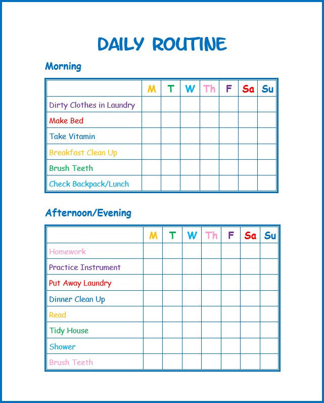 A Wondermom Wannabe Editable Daily Routine chart with a blue background.