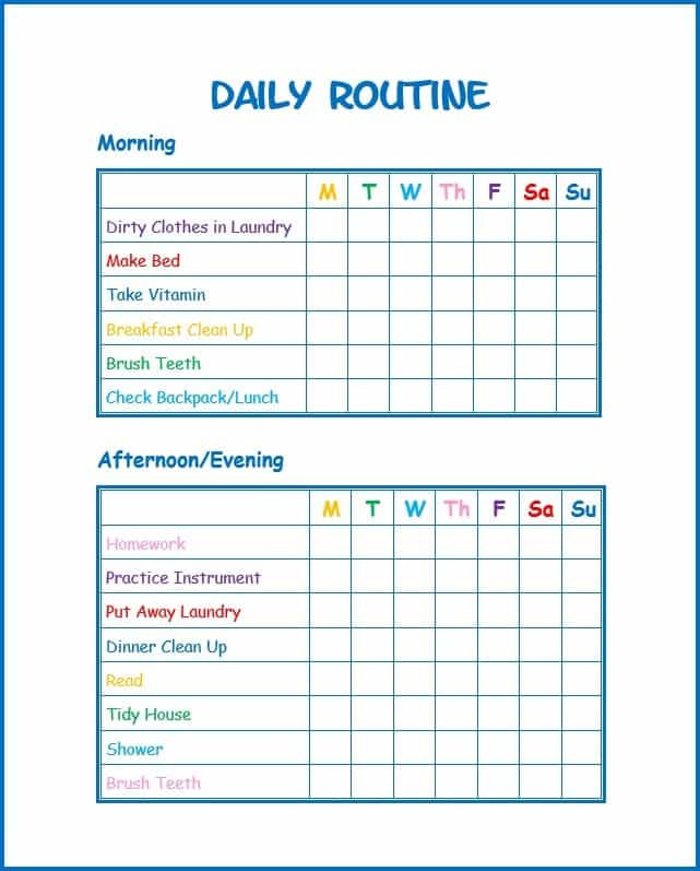 A Kids Daily Routine chart with a blue background produced by VIP Vault.