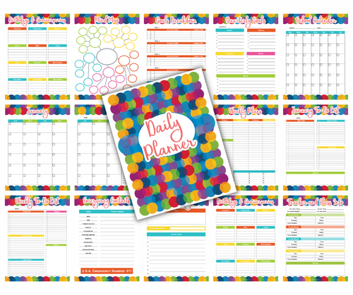 A set of Wondermom Shop Daily Planners with colorful dots on them, perfect for keeping track of dates and goals.