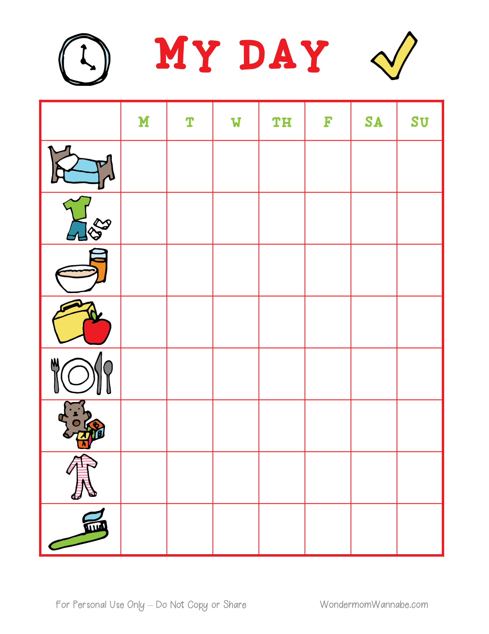 The Daily Routine Planning Pages by Wondermom Shop is a digital product featuring a weekly chart with columns for days of the week and rows depicting various tasks using symbols, such as making the bed, eating, and brushing teeth. It's perfect for daily routine planning.