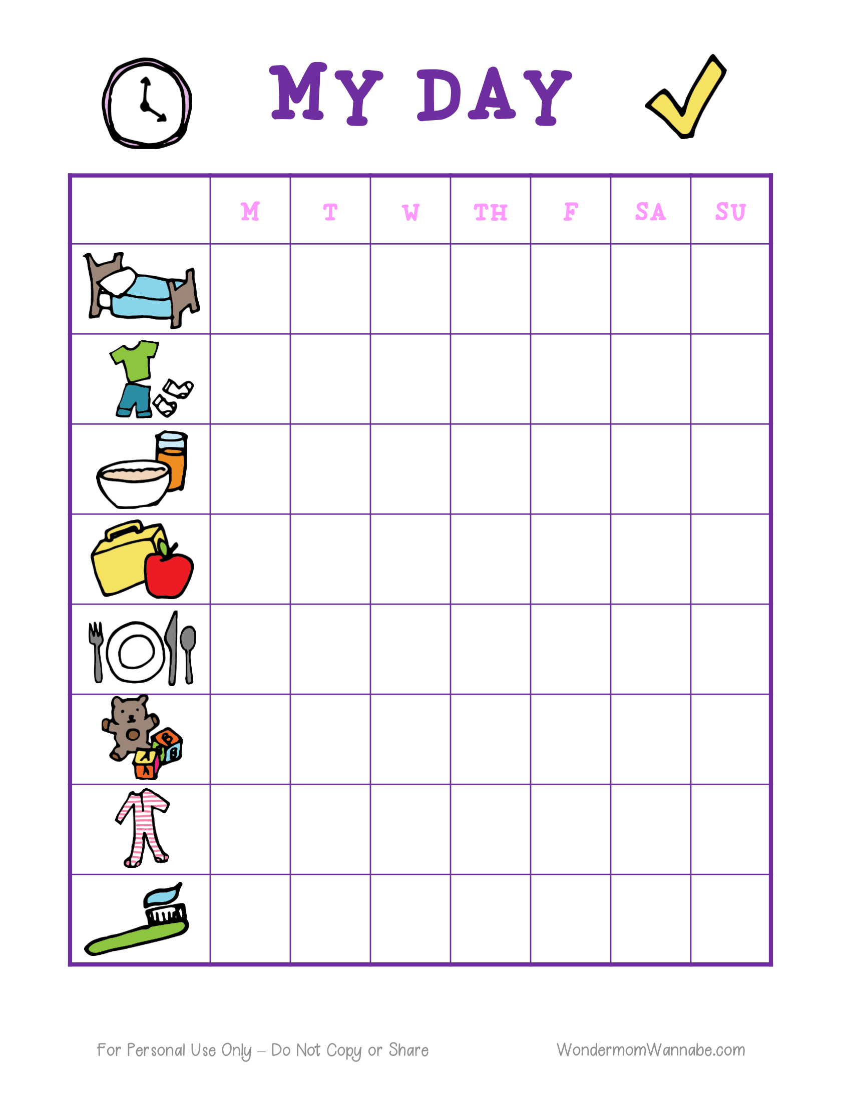 The "Daily Routine Planning Pages" by Wondermom Shop is a colorful digital chart featuring icons for bedtime, breakfast, school, lunch, snack, homework, dinner, playtime, bath time, and brushing teeth. This product is organized by the days of the week from Monday to Sunday for seamless daily routine planning.