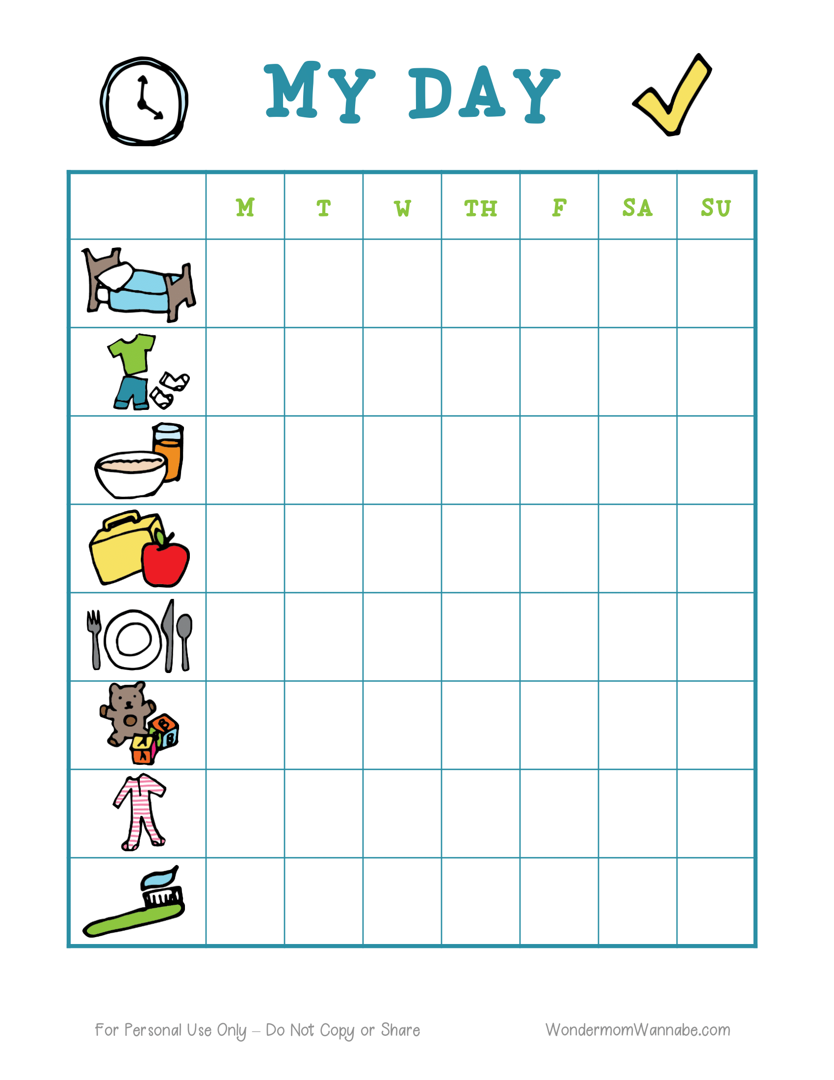 Introducing the "Daily Routine Planning Pages" by Wondermom Shop—a digital product featuring a weekly chore chart with labeled boxes for each day of the week. Tasks include making the bed, having breakfast, eating lunch, having dinner, playing, and brushing teeth—perfect for daily routine planning.