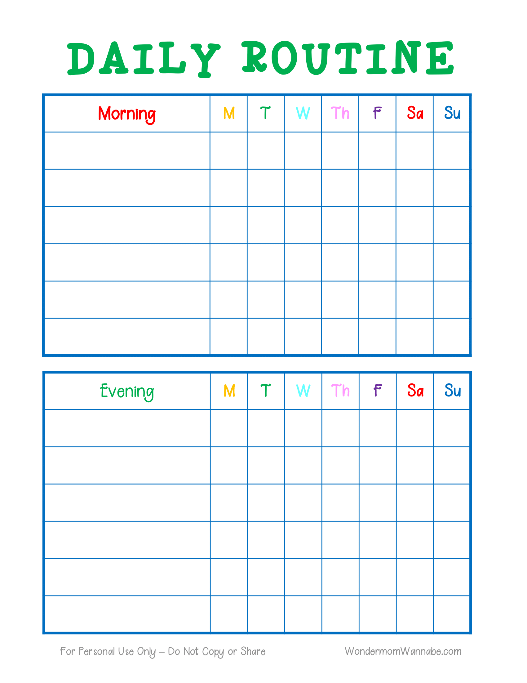 Introducing the Daily Routine Planning Pages from Wondermom Shop: a comprehensive schedule featuring sections for Morning and Evening activities, neatly organized from Monday to Sunday—perfect for all your digital product planning needs.