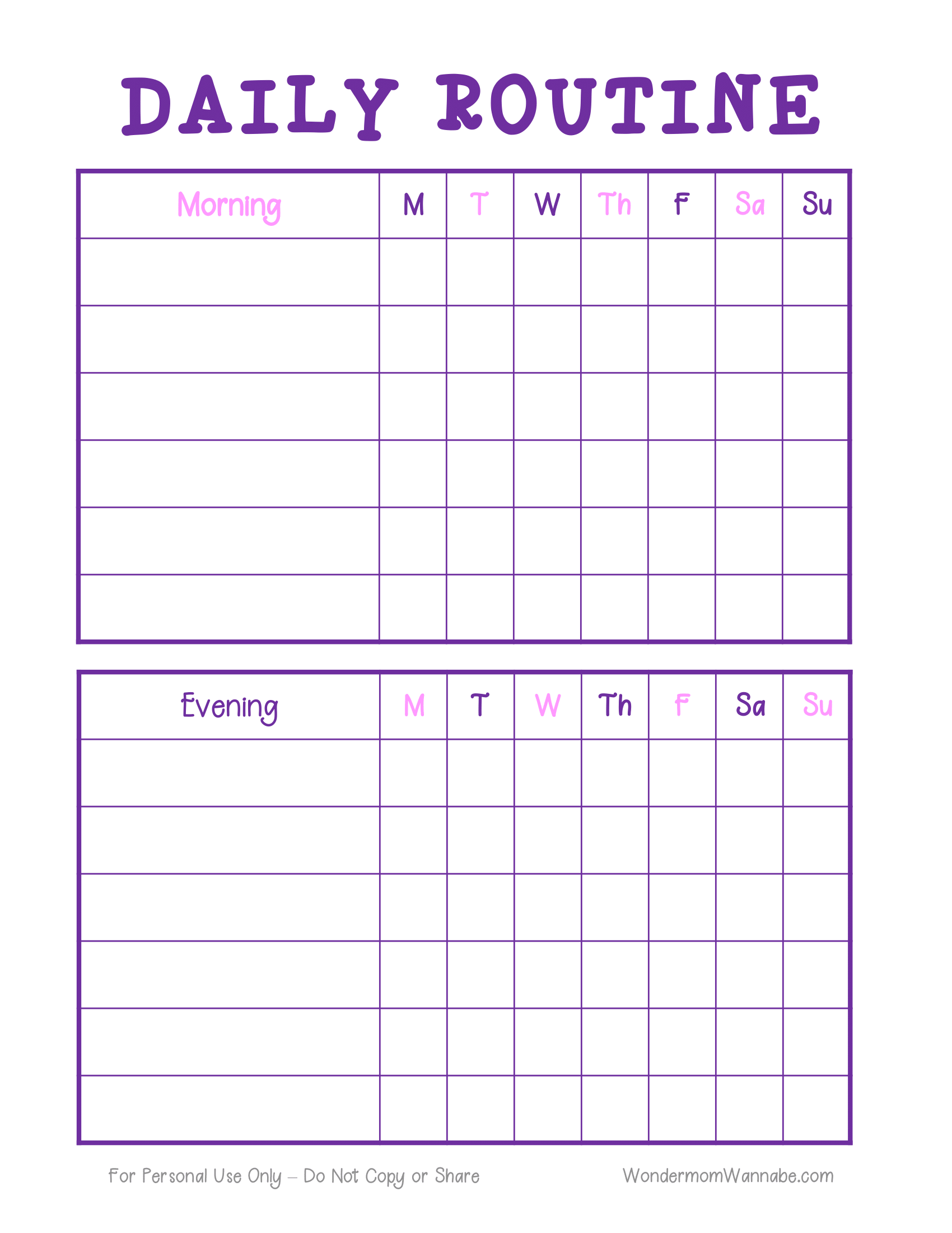 Introducing the Daily Routine Planning Pages by Wondermom Shop: a digital product that features a comprehensive daily routine chart. This chart includes Morning and Evening sections, organized with columns for each day of the week from Monday to Sunday. Its elegant purple design provides ample space for writing activities, making it perfect for detailed daily routine planning.