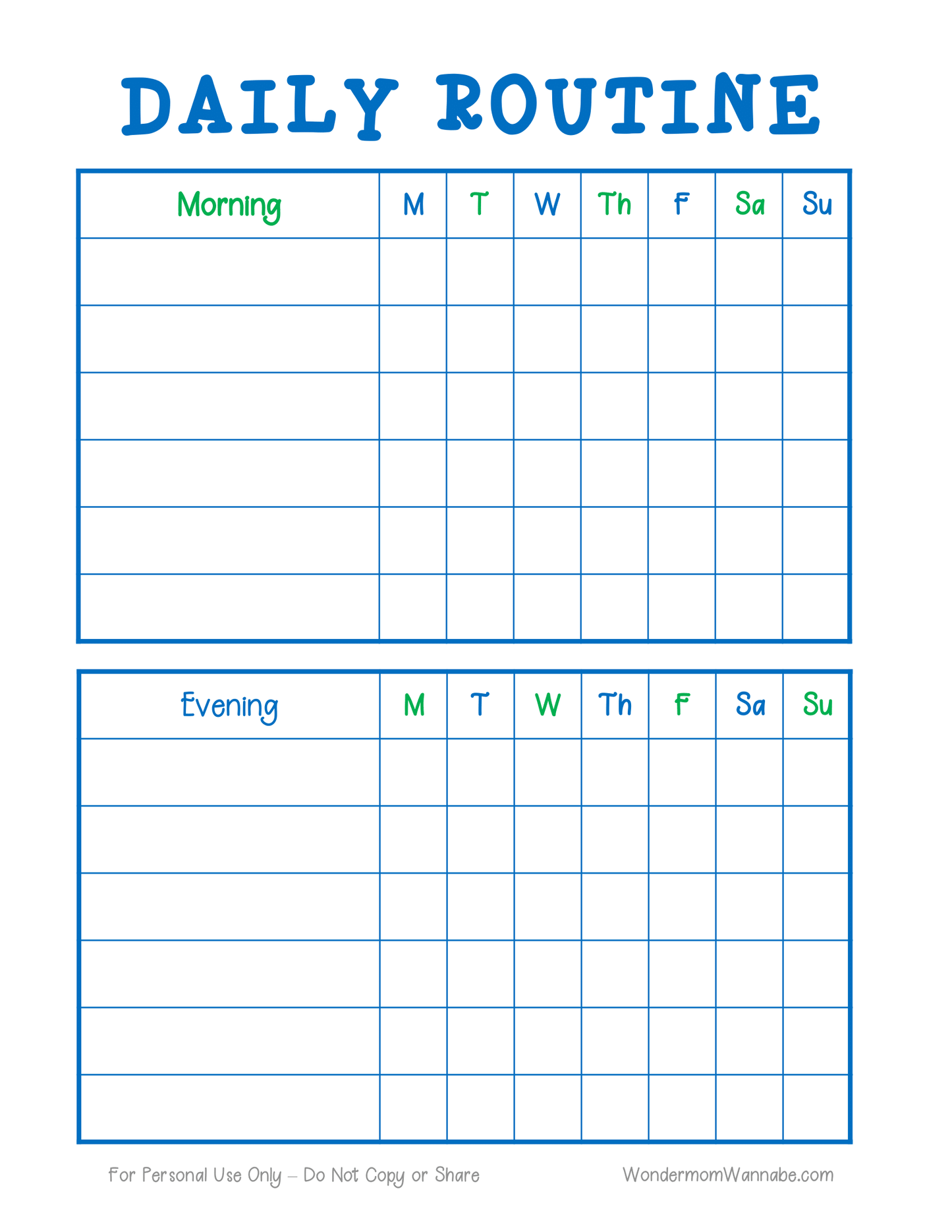 Introducing the "Daily Routine Planning Pages" by Wondermom Shop, a digital product that features a blank weekly chart divided into morning and evening sections with columns for each day of the week, making it perfect for organizing your daily routine.