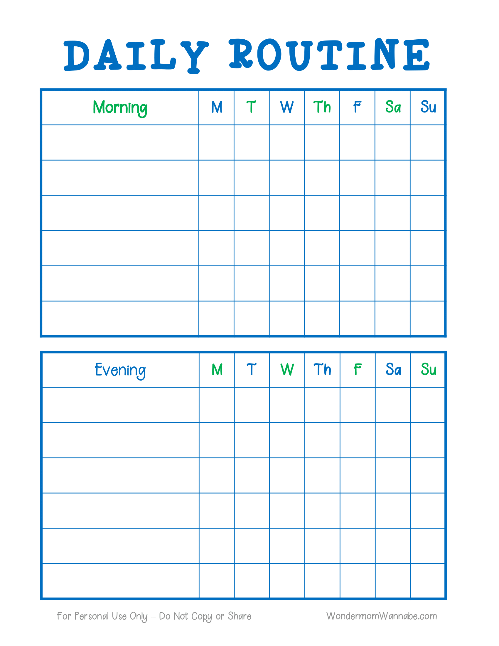 Introducing the "Daily Routine Planning Pages" by Wondermom Shop, a digital product that features a blank weekly chart divided into morning and evening sections with columns for each day of the week, making it perfect for organizing your daily routine.