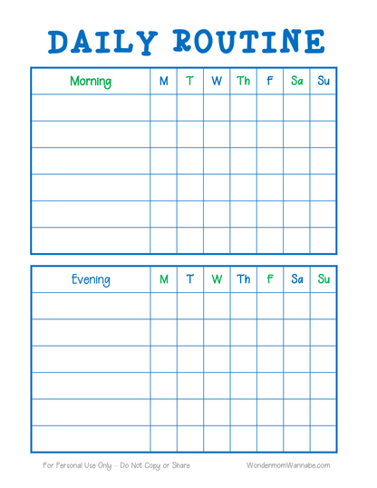Introducing the "Daily Routine Planning Pages" by Wondermom Shop, a digital product that features a blank weekly chart divided into morning and evening sections with columns for each day of the week, making it perfect for organizing your daily routine.