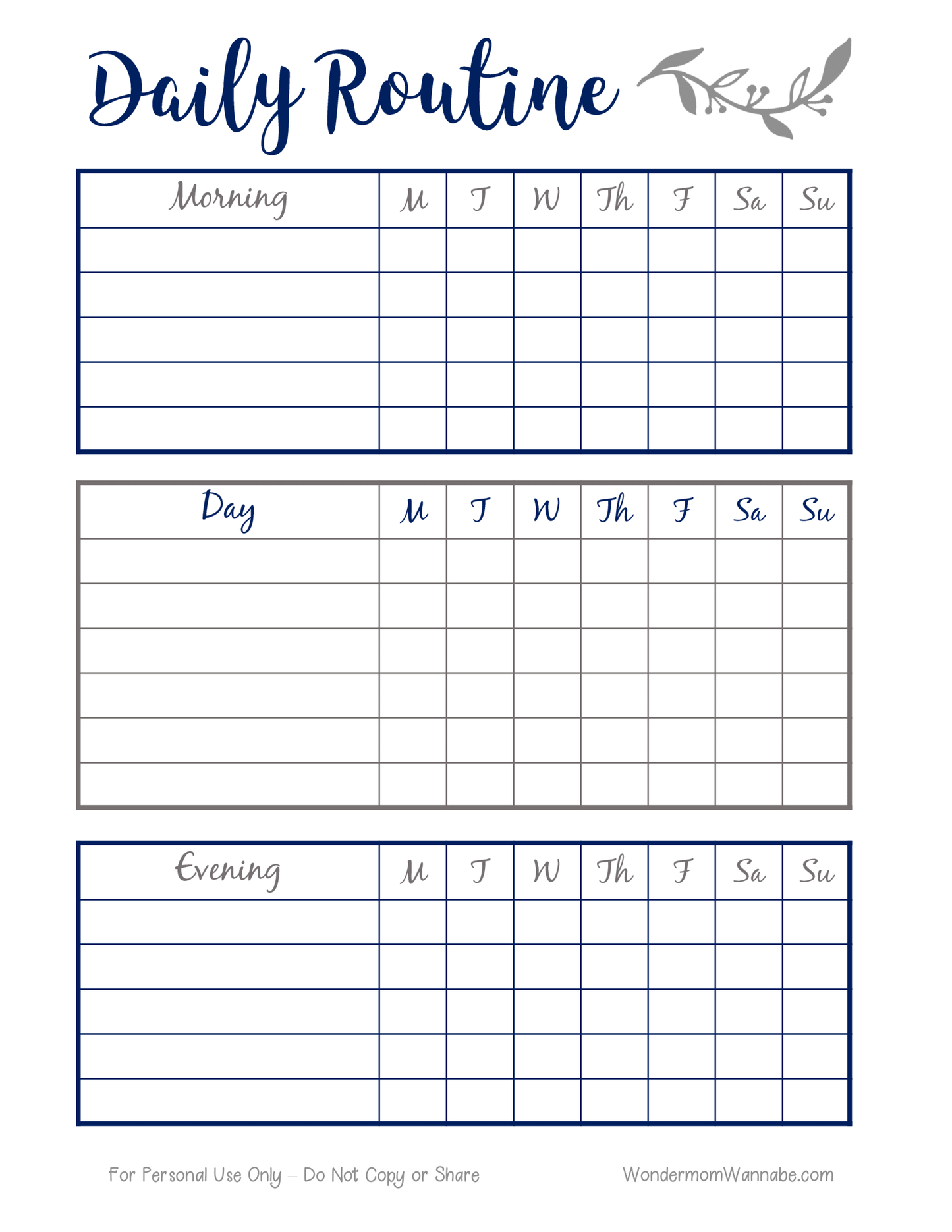 The Daily Routine Planning Pages from Wondermom Shop is a digital product that offers daily routine planning with three sections: Morning, Day, and Evening. Each section includes planning pages with columns for Monday through Sunday and rows for activities to be filled in.
