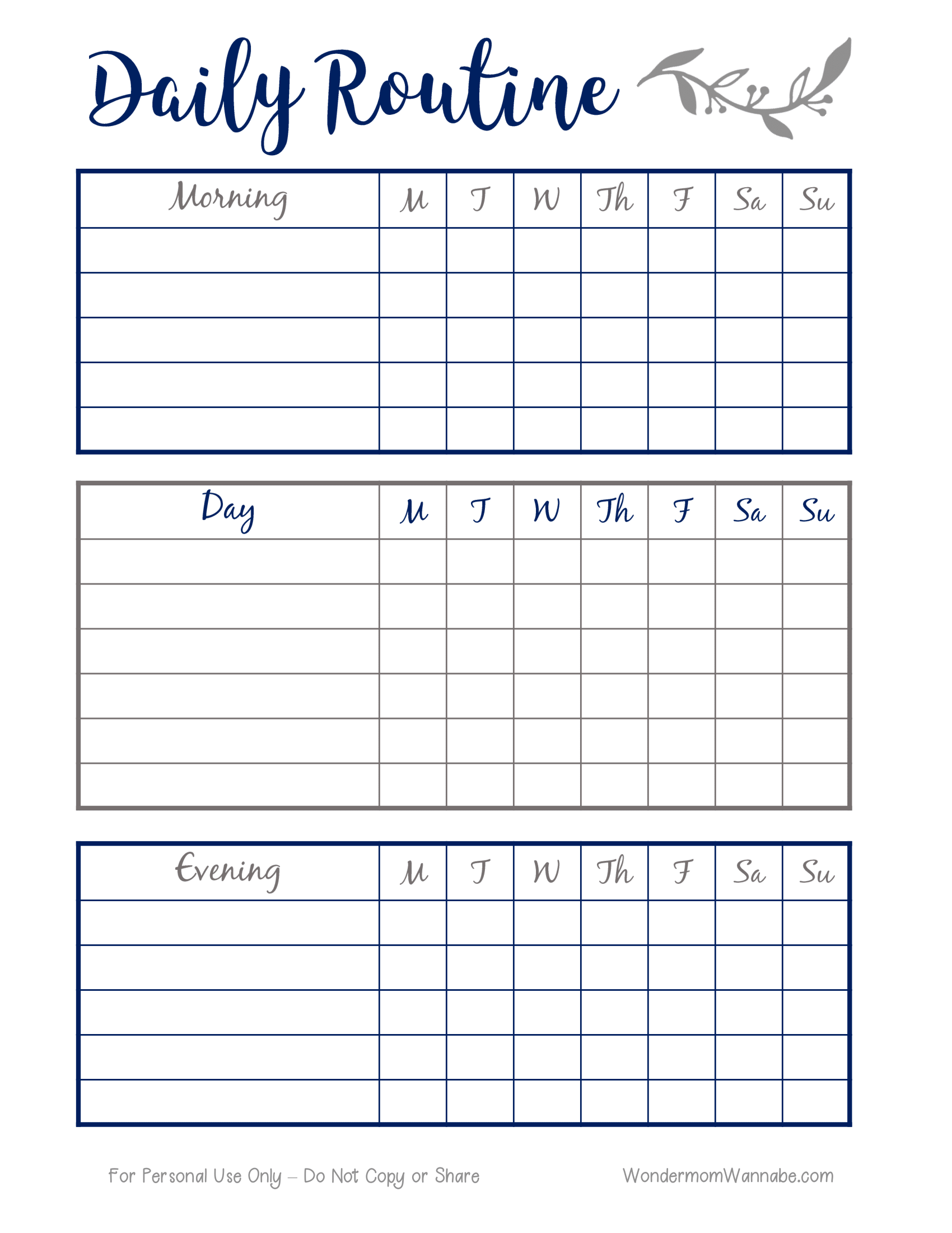 The Daily Routine Planning Pages from Wondermom Shop is a digital product that offers daily routine planning with three sections: Morning, Day, and Evening. Each section includes planning pages with columns for Monday through Sunday and rows for activities to be filled in.