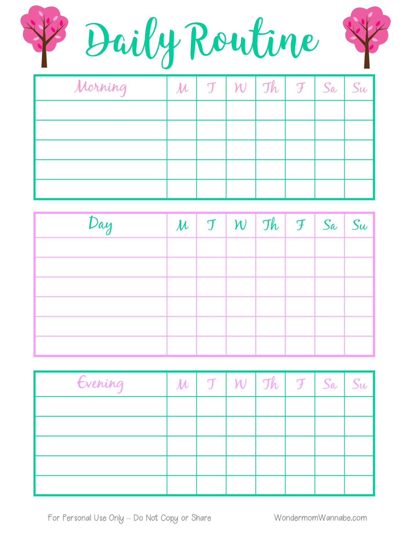 Introducing Wondermom Shop's Daily Routine Planning Pages: a vibrant and detailed daily organizer with dedicated sections for morning, day, and evening. Each section includes columns for every day of the week—Monday through Sunday. Adorned with decorative trees in the top corners, this digital planning tool is ideal for efficiently managing your life.