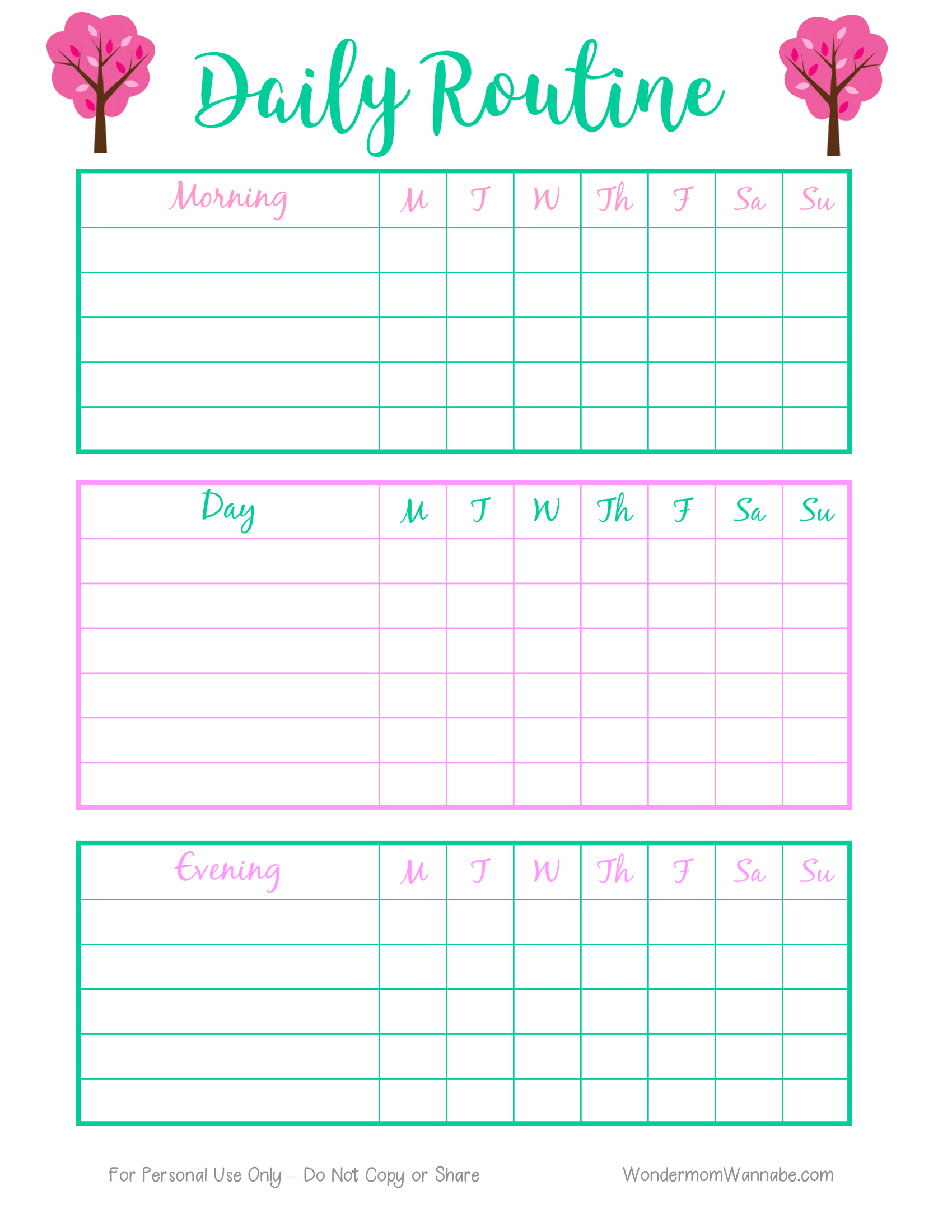 Introducing Wondermom Shop's Daily Routine Planning Pages: a vibrant and detailed daily organizer with dedicated sections for morning, day, and evening. Each section includes columns for every day of the week—Monday through Sunday. Adorned with decorative trees in the top corners, this digital planning tool is ideal for efficiently managing your life.