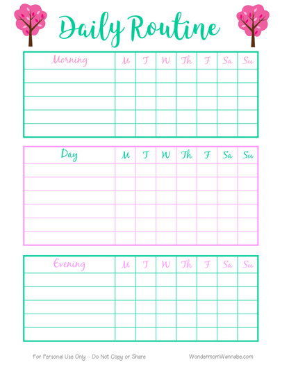 Introducing Wondermom Shop's Daily Routine Planning Pages: a vibrant and detailed daily organizer with dedicated sections for morning, day, and evening. Each section includes columns for every day of the week—Monday through Sunday. Adorned with decorative trees in the top corners, this digital planning tool is ideal for efficiently managing your life.